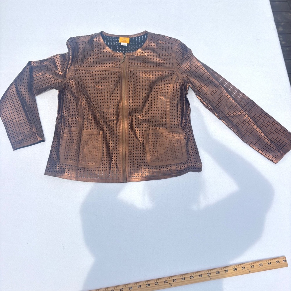 Ruby Rd Womens 12 Metallic Copper Perforated Faux Leather Zip Up Jacket Bronze
